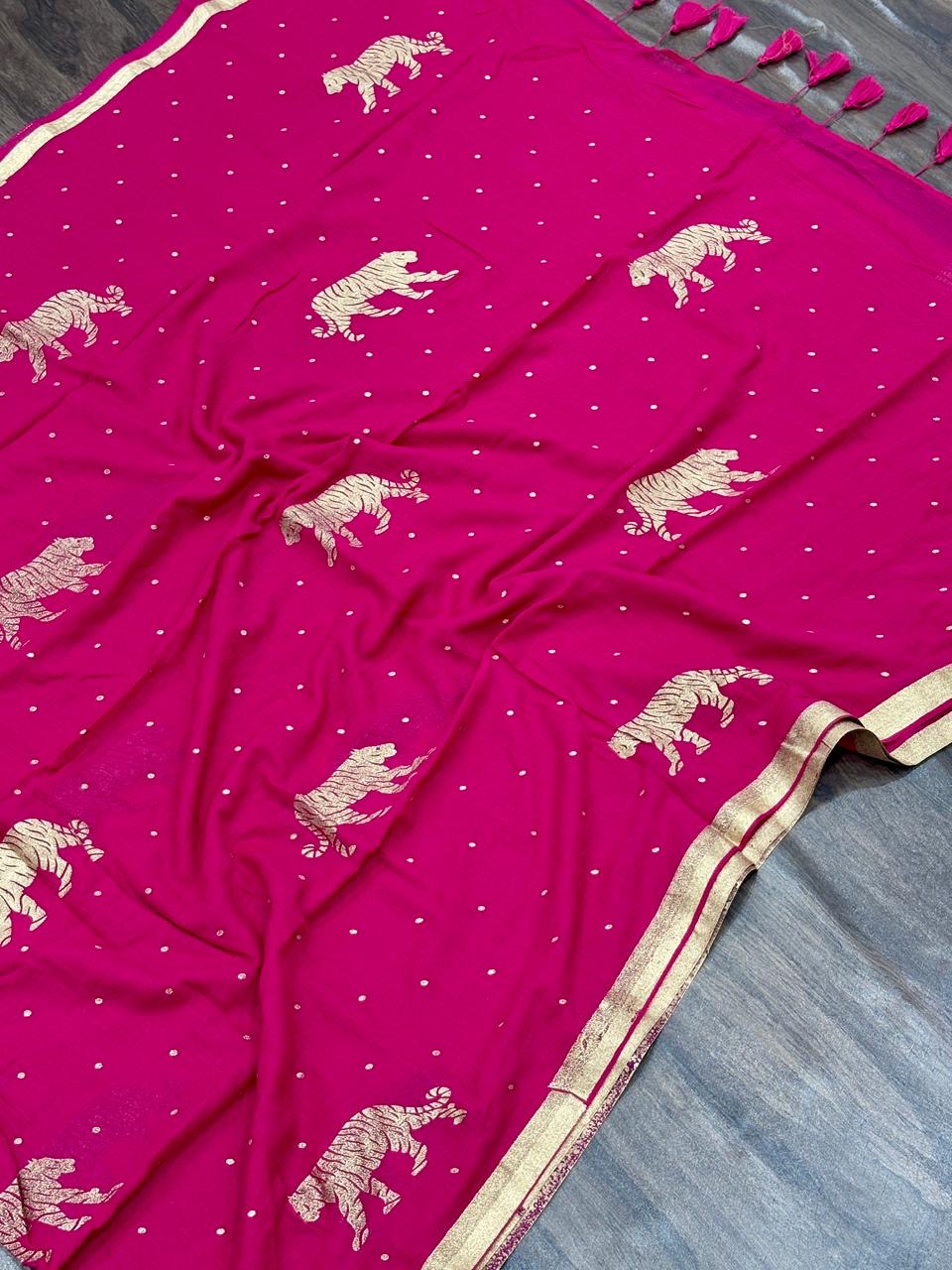 Mull cotton saree with Tiger Motif