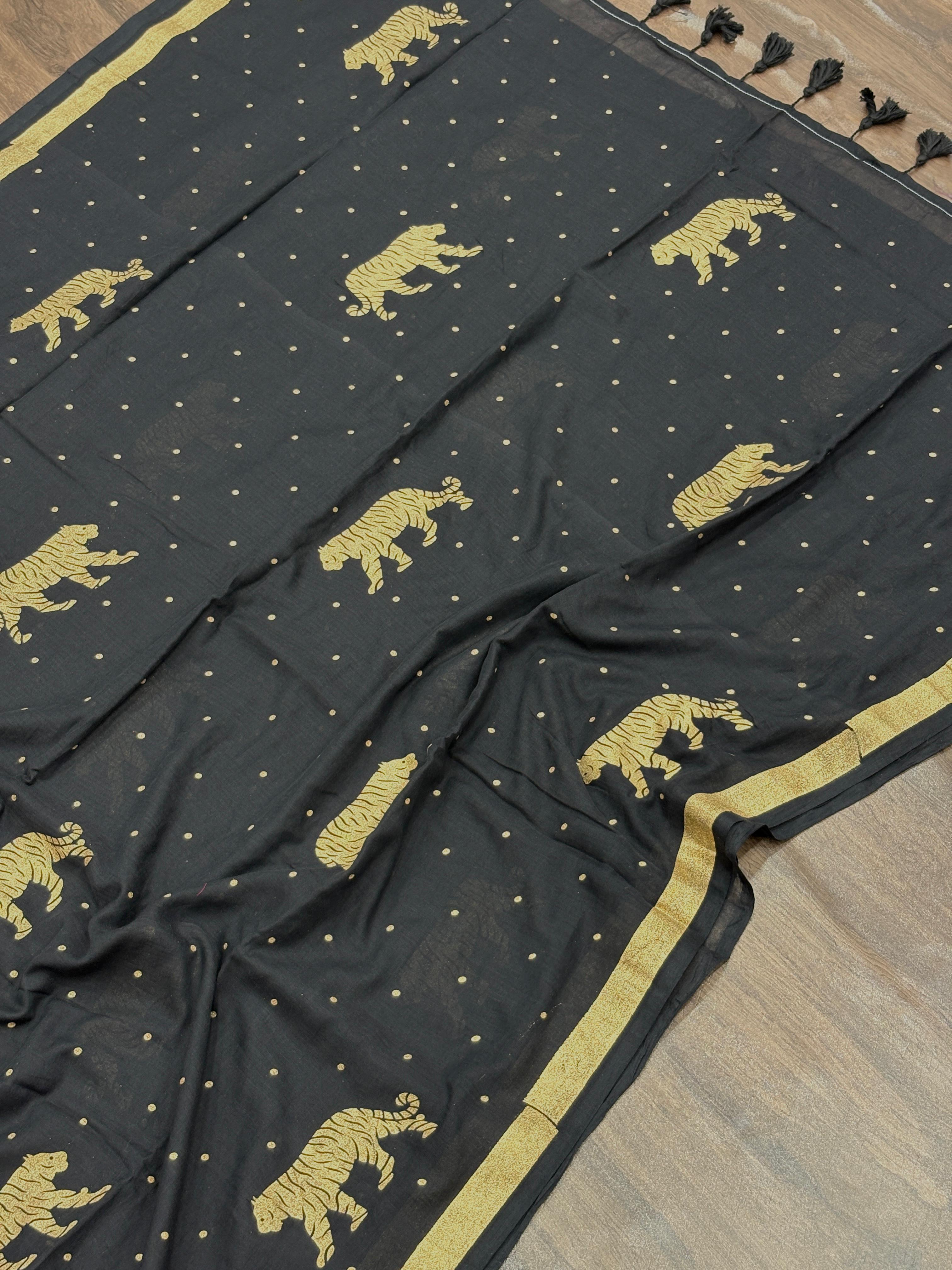 Mull cotton saree with Tiger Motif